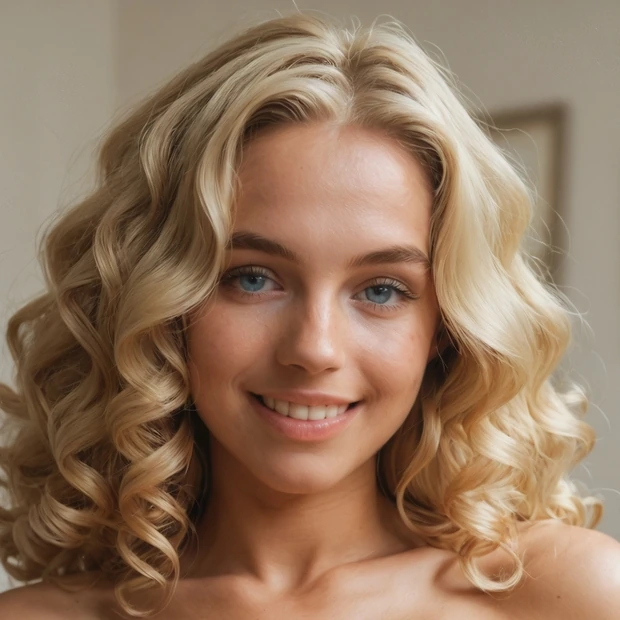 Mareike: A blonde, softly curled hairstyle in a close head-and-shoulders crop.