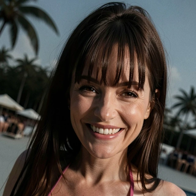Nora Brennan: A smiling brunette portrait with palm trees in the background.